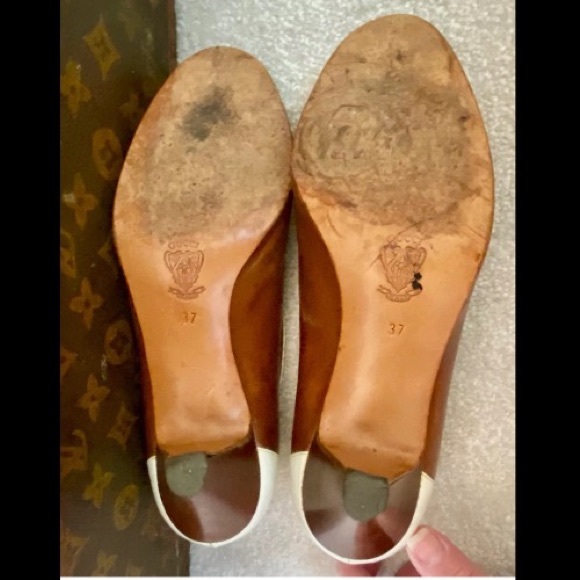 RARE VINTAGE 70s GUCCI ITALY GG LOGO PUMPS HEELS BROWN WHITE LEATHER OPEN TOE 37 - Picture 8 of 11
